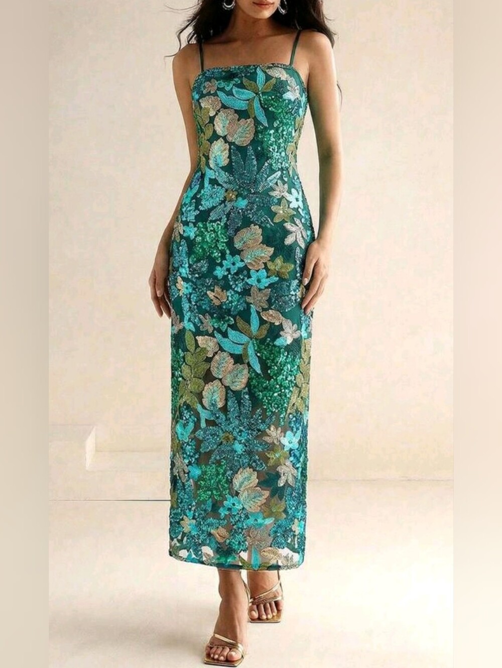New Luxe Embroidered Sequin Long Cami Dress Teal Blue Green Multi Color